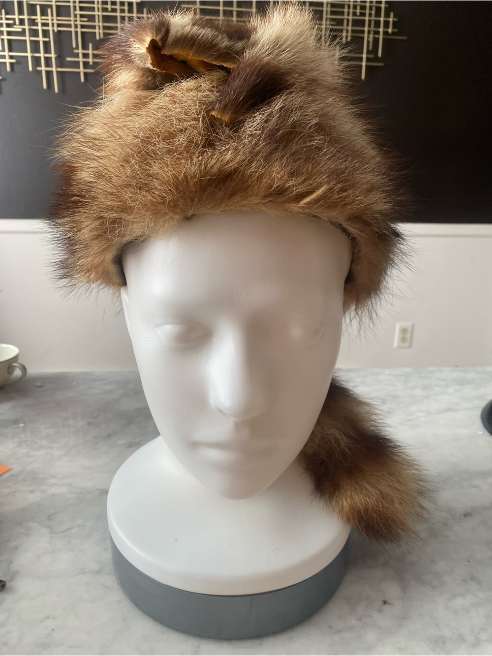 Genuine Raccoon Fur Hat With Tail Vintage Trapper